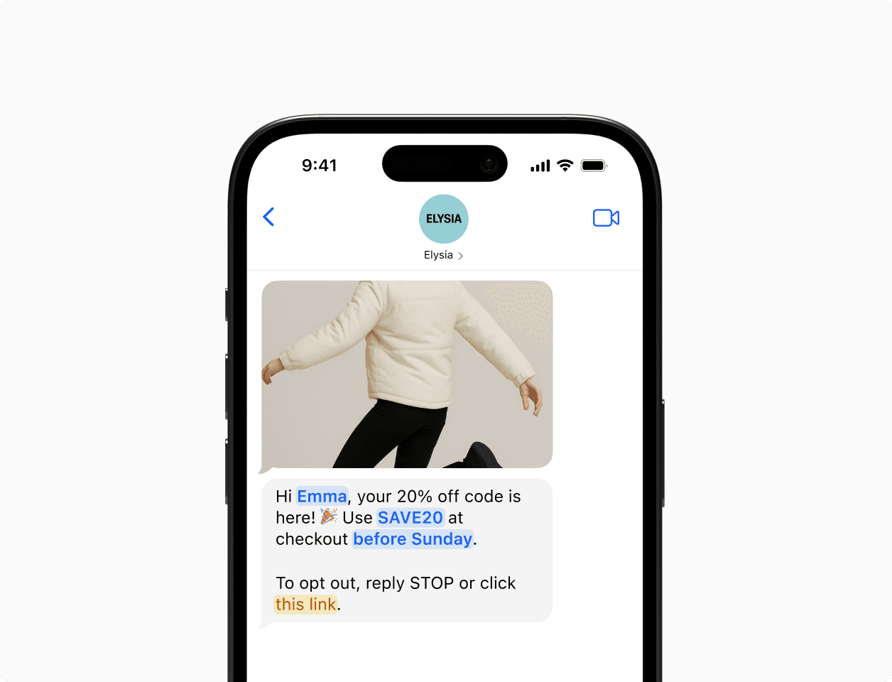 Text message with a promotional offer for a 20% discount using code SAVE20.