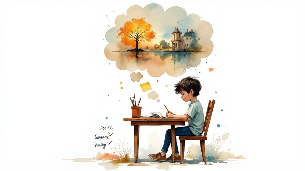 A young boy at a desk writes in a notebook, visualizing a beautiful autumn landscape.