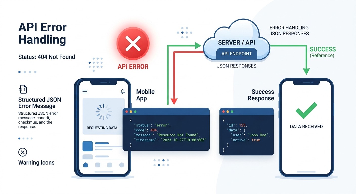Flat illustration of a server returning a structured JSON error message to a mobile phone with warning and success indicators.