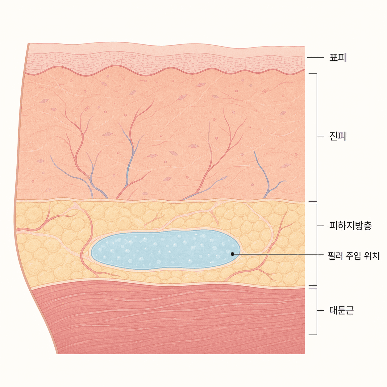 힙 필러의 피하지방층 내 주입 위치 단면도