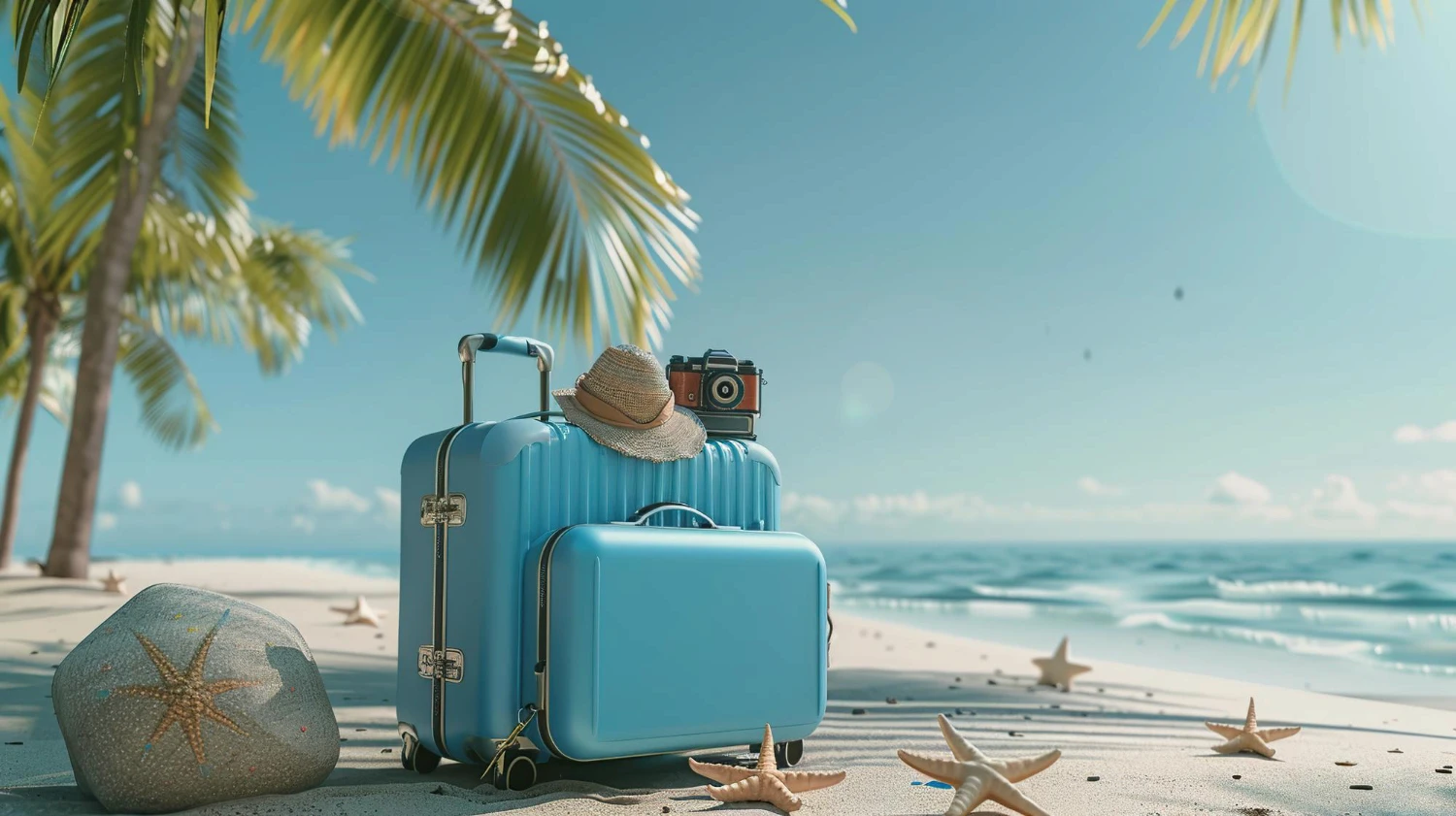 Luggage and hat in a beach