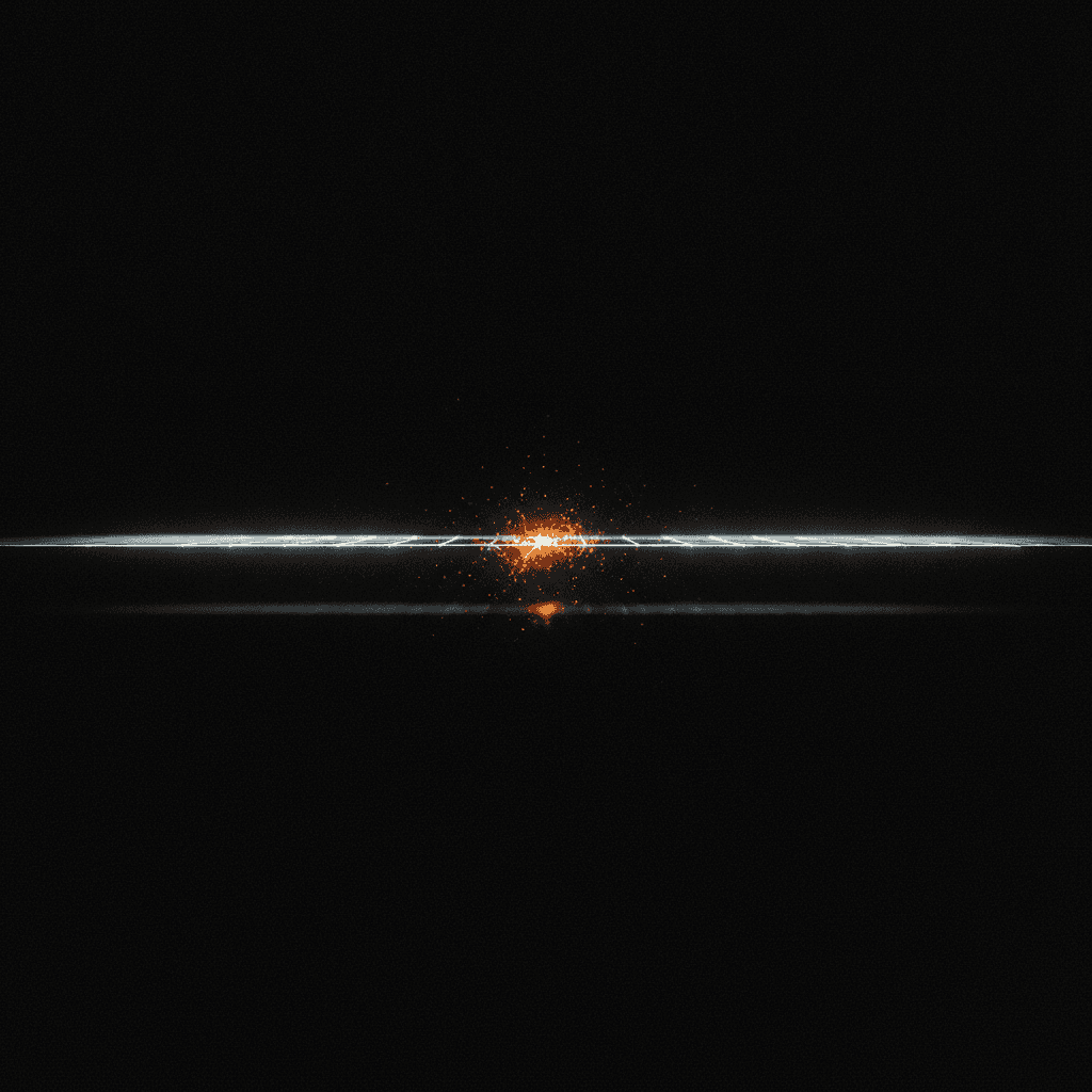 A single thin spreadsheet grid line dissolving into a glowing orange seam against deep black