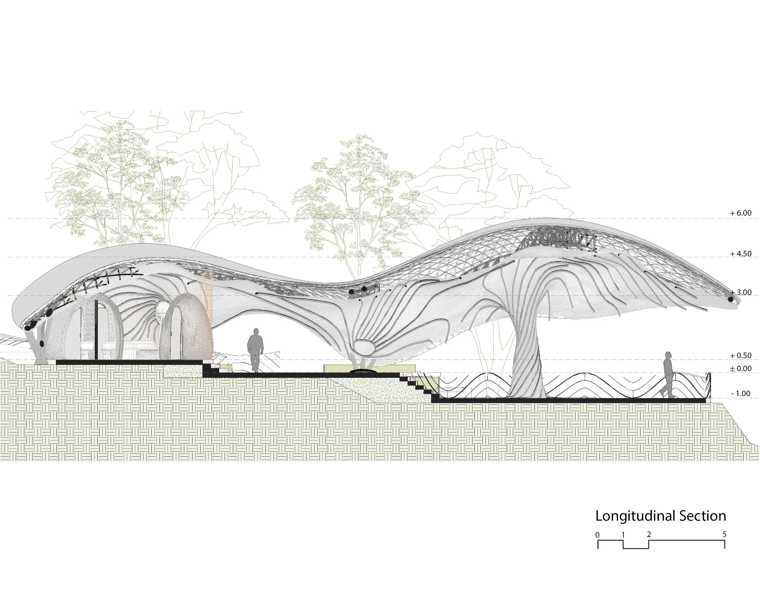 Front view of the organic bamboo 'Shark's Pool Bar' at Hyatt Impression Isla Mujeres, integrated with a luxury infinity pool and Caribbean Sea views.