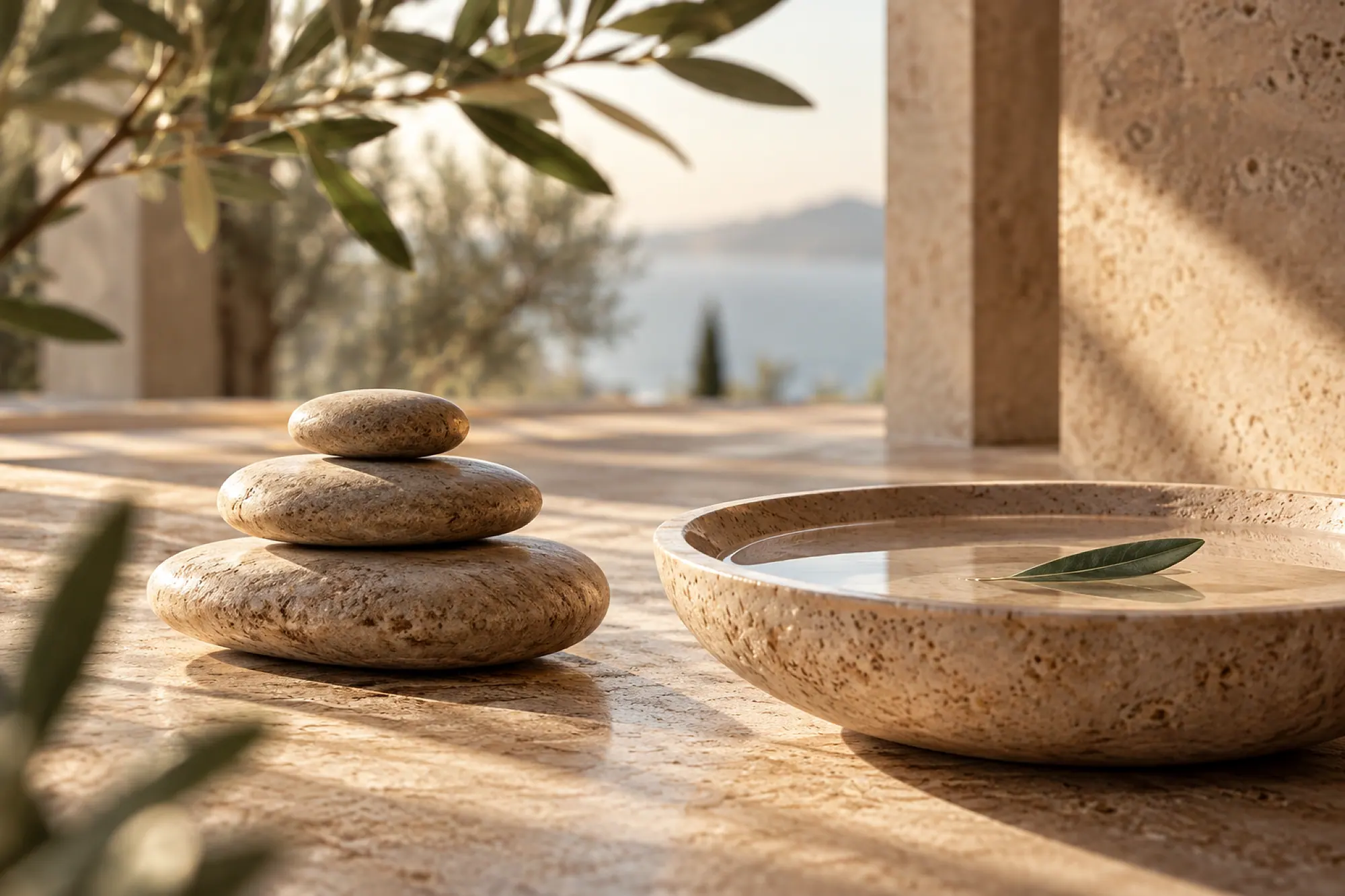 River stones beside a stone dish of water and a green leaf