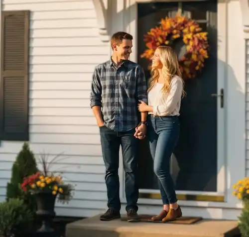 Homeowner couple standing at front door