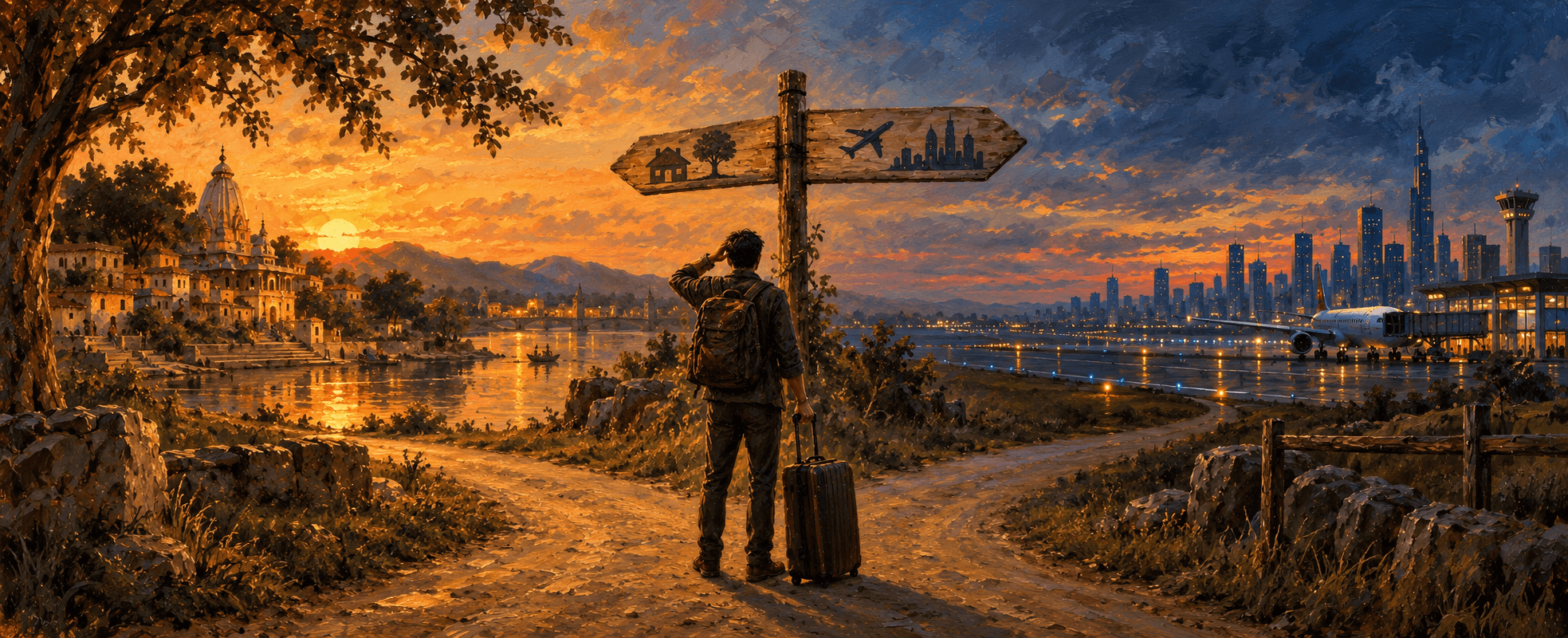 A traveler with a backpack and suitcase pauses at a signpost at sunset, one arm pointing to a home temple by a river, the other to a plane waiting on a lit runway before a glittering foreign skyline.