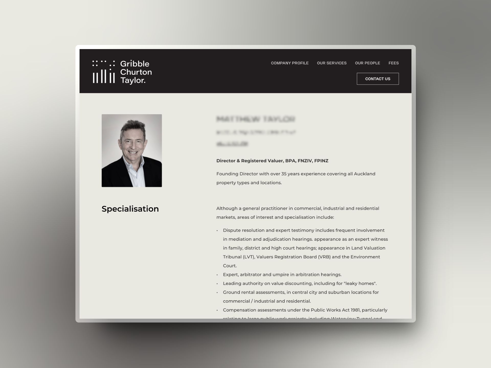 Senior property valuer's profile at Gribble Churton Taylor, showcasing expertise in Auckland property valuation, dispute resolution, and leaky homes assessment