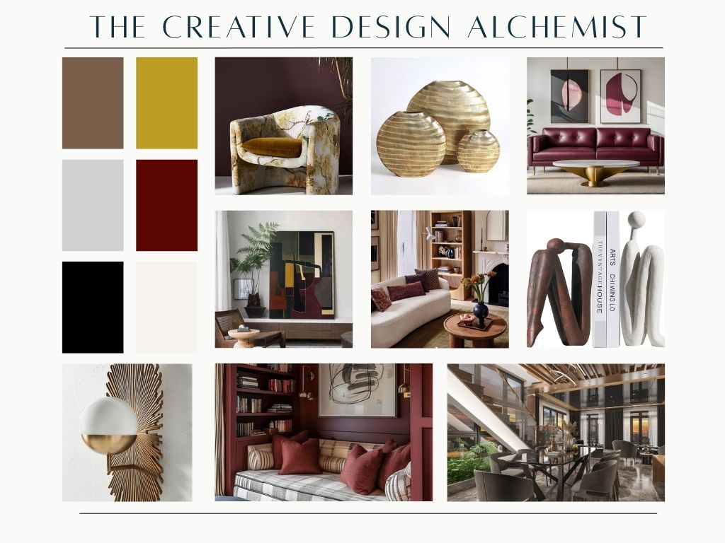 A modern interior design collage featuring a palette of burgundy, gold, and neutral colors, showcasing luxury living room setups with plush furniture, elegant artwork, and sophisticated decorative elements, framed by the title "The Creative Design Alchemist."