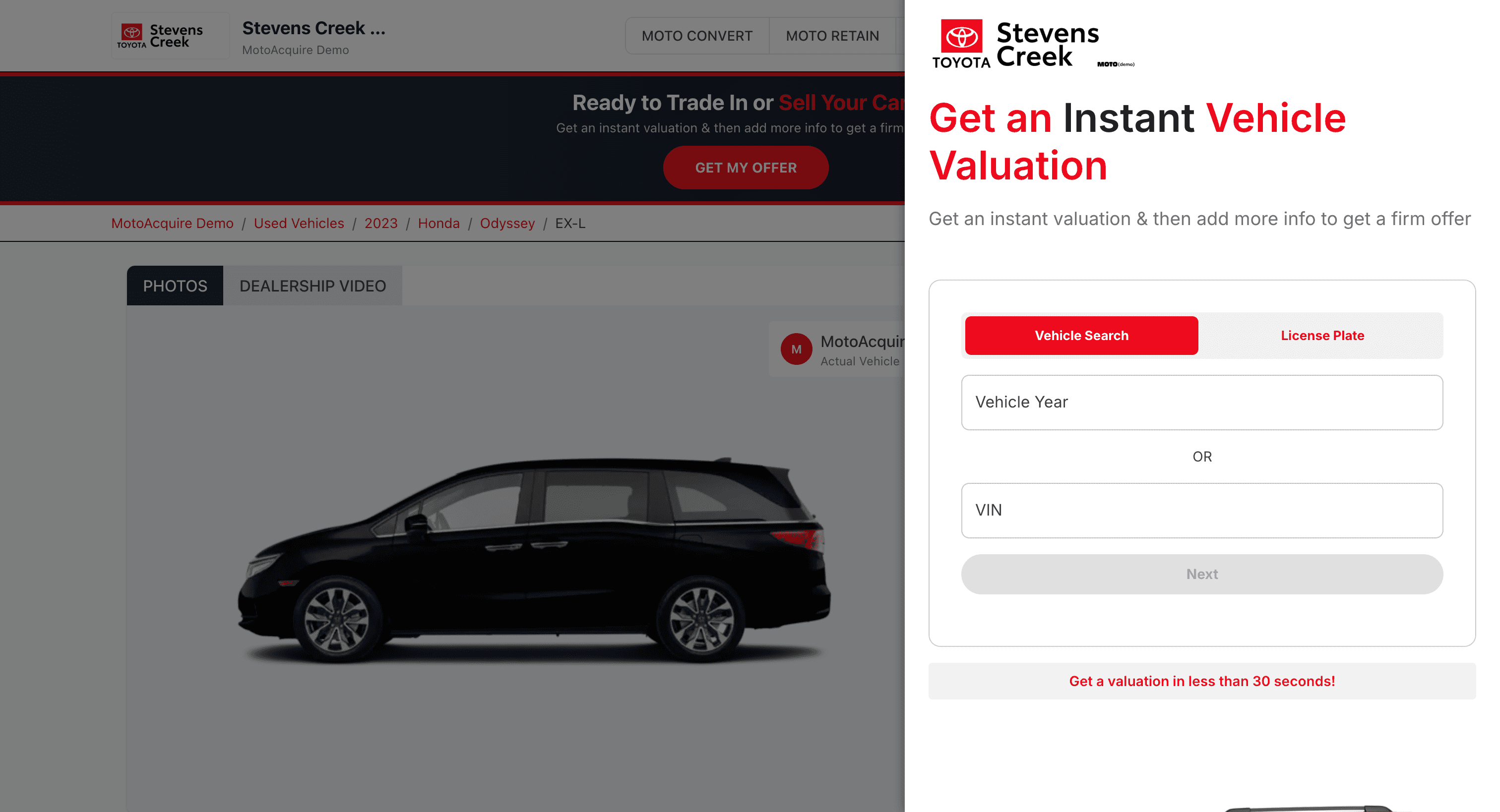 Instant vehicle valuation widget on a dealer vehicle page