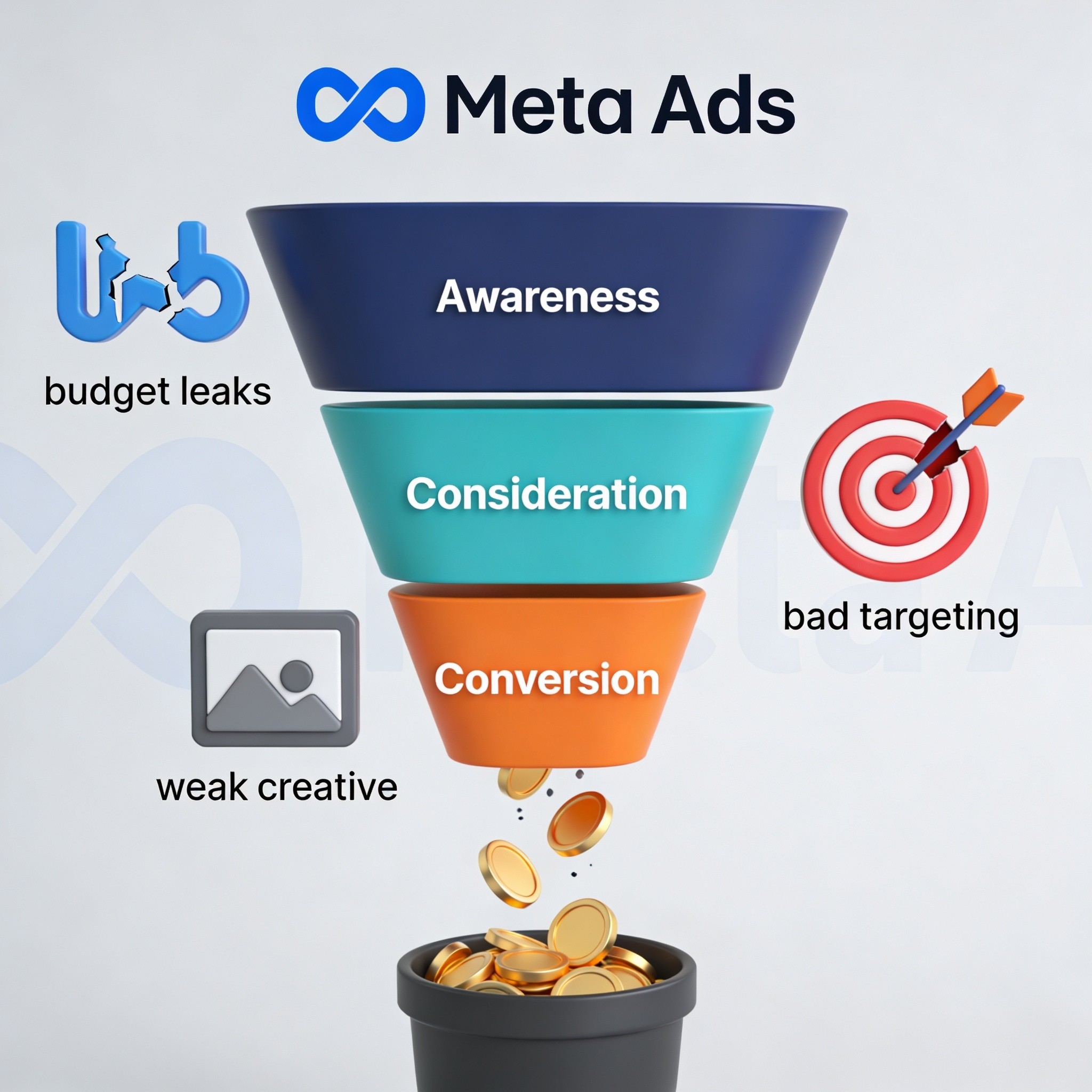 Infográfico sobre vazamento de orçamento e erros técnicos no Meta Ads