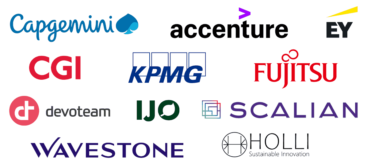 Image affichant les logos des entreprises de conseil et de technologie, y compris Capgemini, HOLLI, IJO, Wavestone, KPMG, Fujitsu, Devoteam, CGI, EY et Scalian.