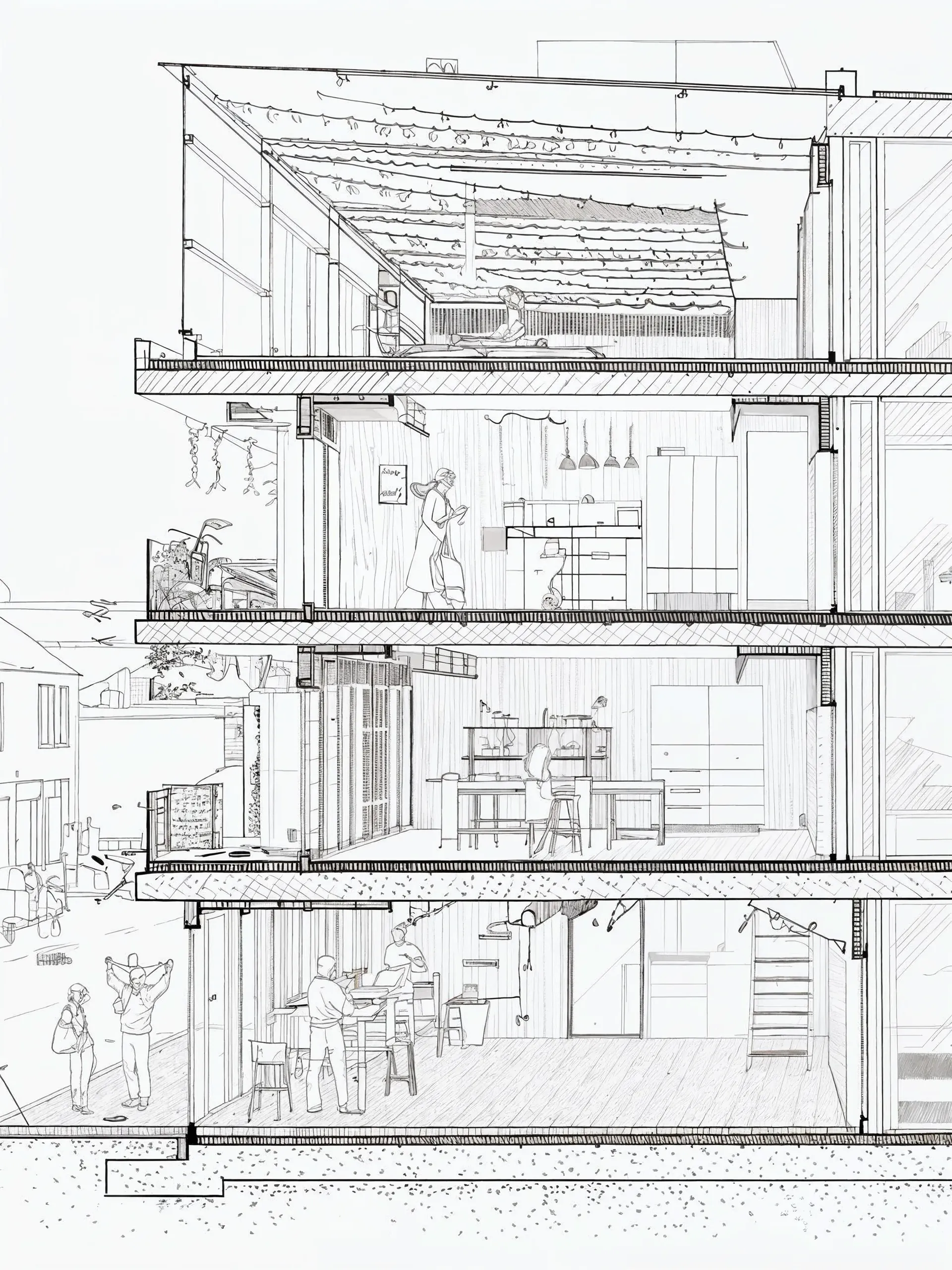 AI-generated detailed architectural section drawing of a multi-story building created with MINIST.