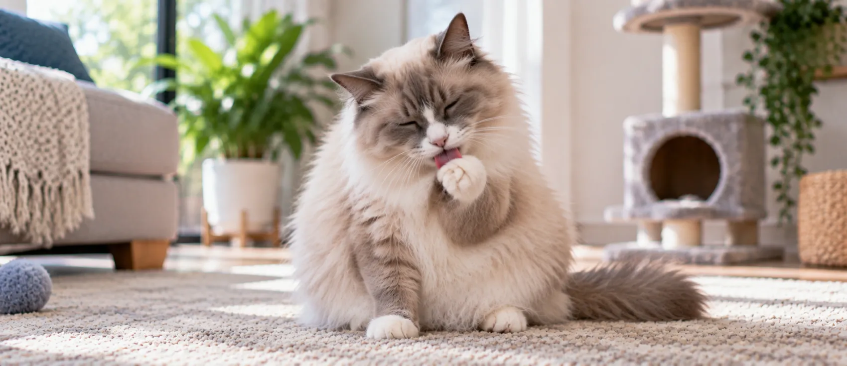 A Ragdoll cat licks its paw mid-groom, the habit that leads to hairball formation.