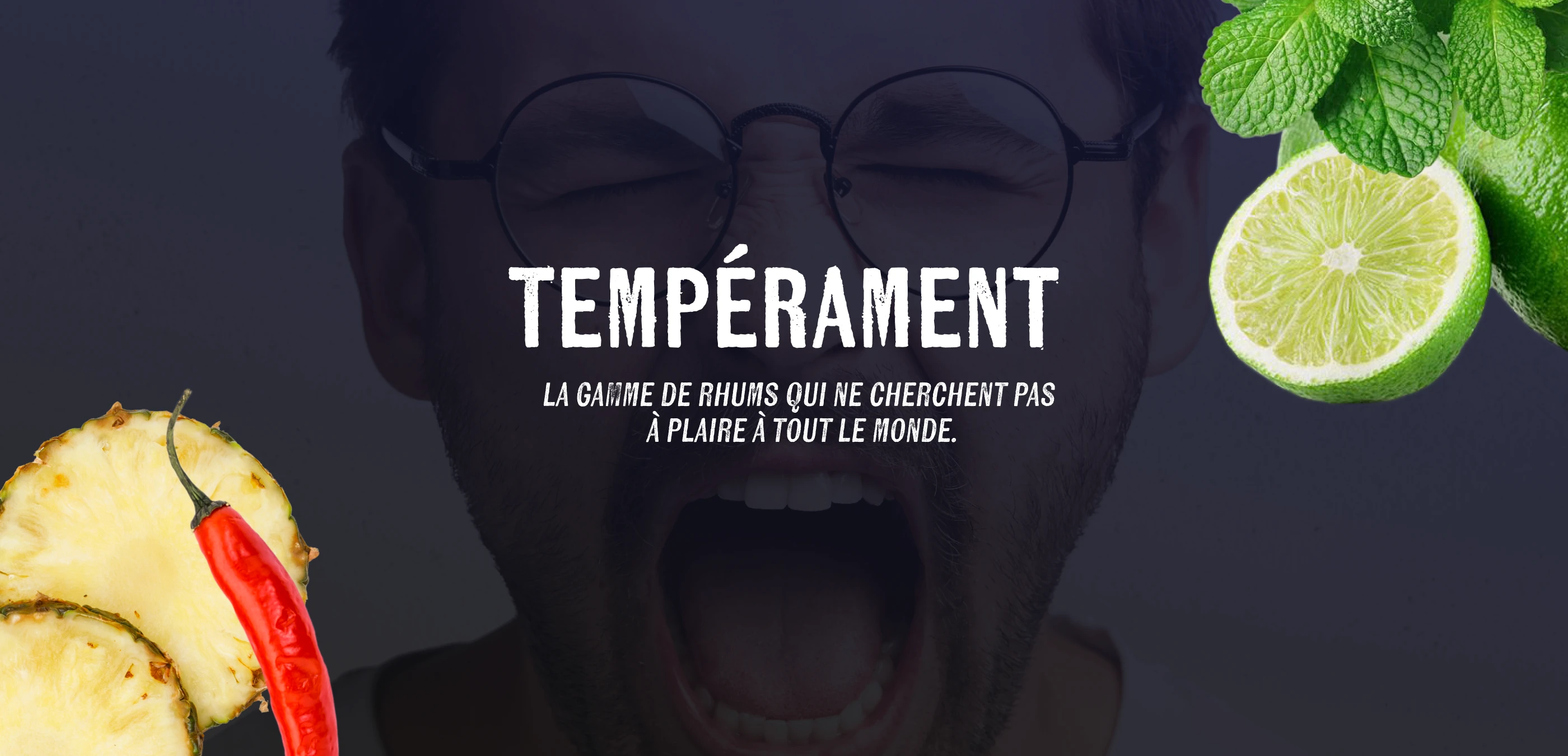 Bannière de marque Tempérament : "La gamme de rhums qui ne cherchent pas à plaire à tout le monde" sur fond d'un portrait expressif.