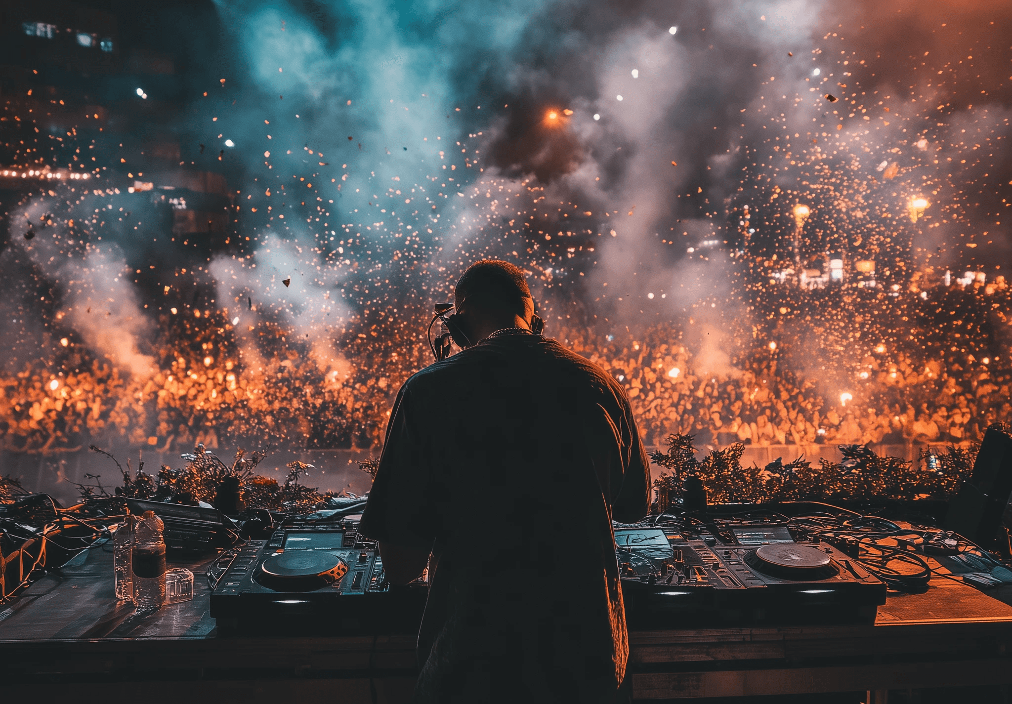 DJ on a turnable with gear performing on stage in a festival