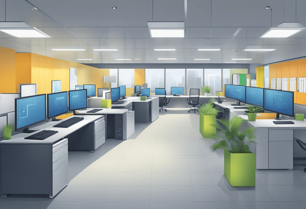 A modern office setting with computer systems and data servers, showcasing the integration of technology in HR management