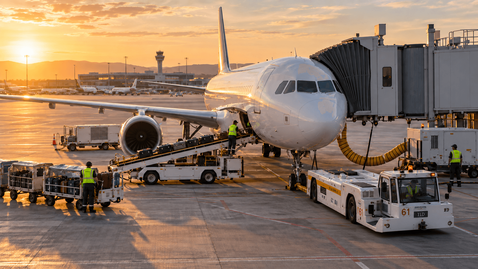 Ground support equipment servicing a commercial aircraft during airport turnaround