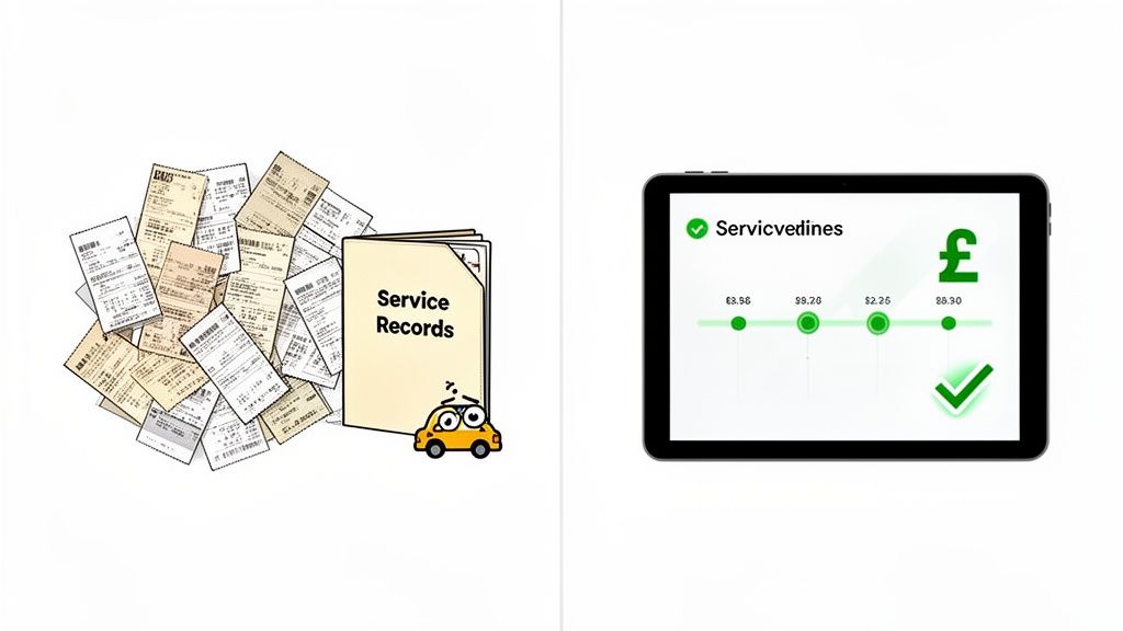 Comparison of traditional paper vehicle service records and receipts with a modern, a modern, digital tablet interface.