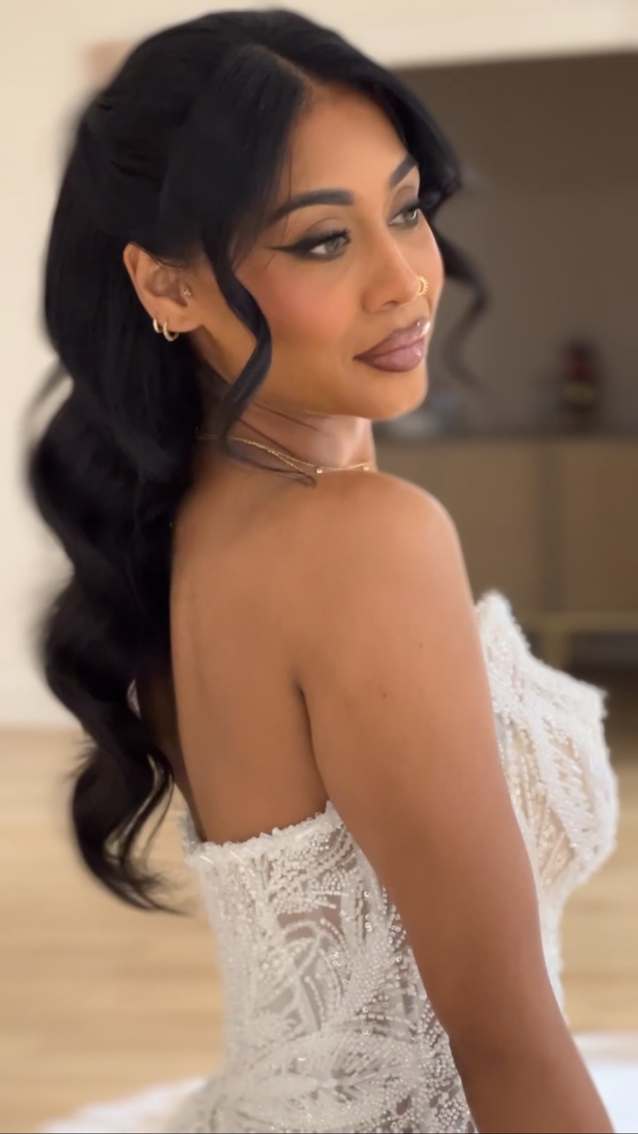 full glam bridal makeup, half up half down bridal hair style