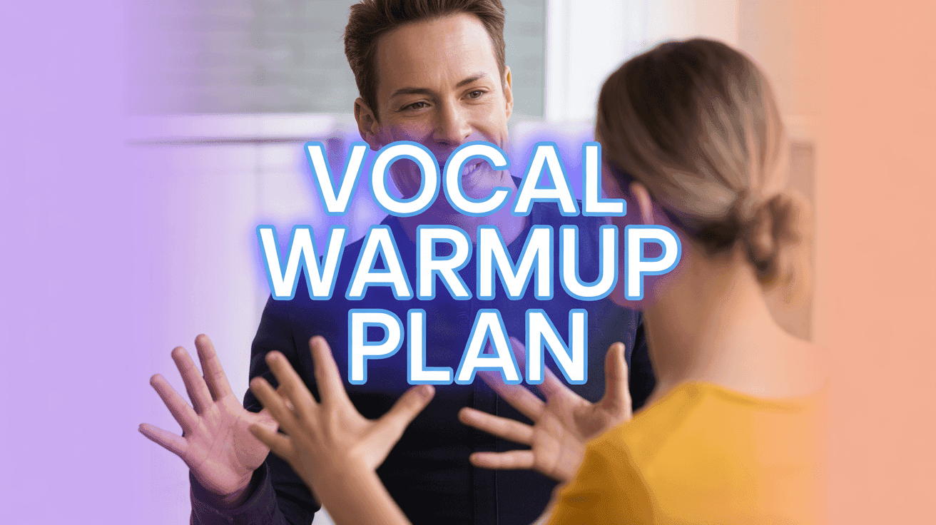 Vocal Warmup Routine Thumbnail Layout, featuring a smiling vocal coach guiding a singer with hand gestures in a softly lit studio