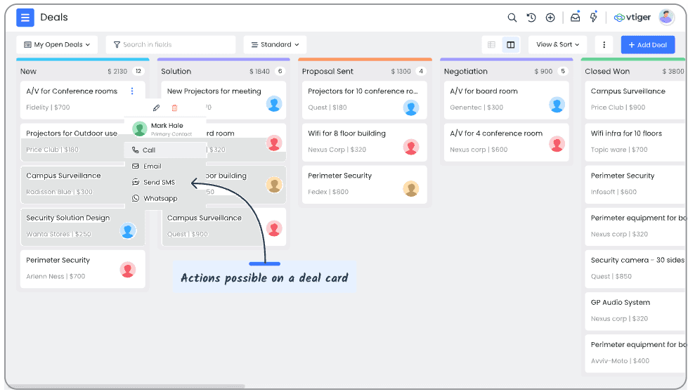 Vtiger’s interface showing deals as cards in different stages.