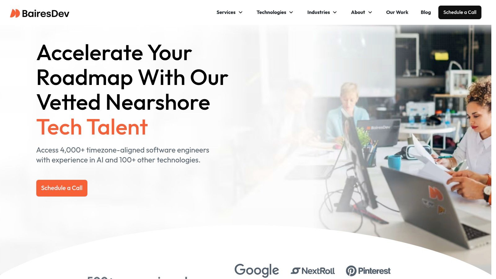 BairesDev website showing their tech talent focus