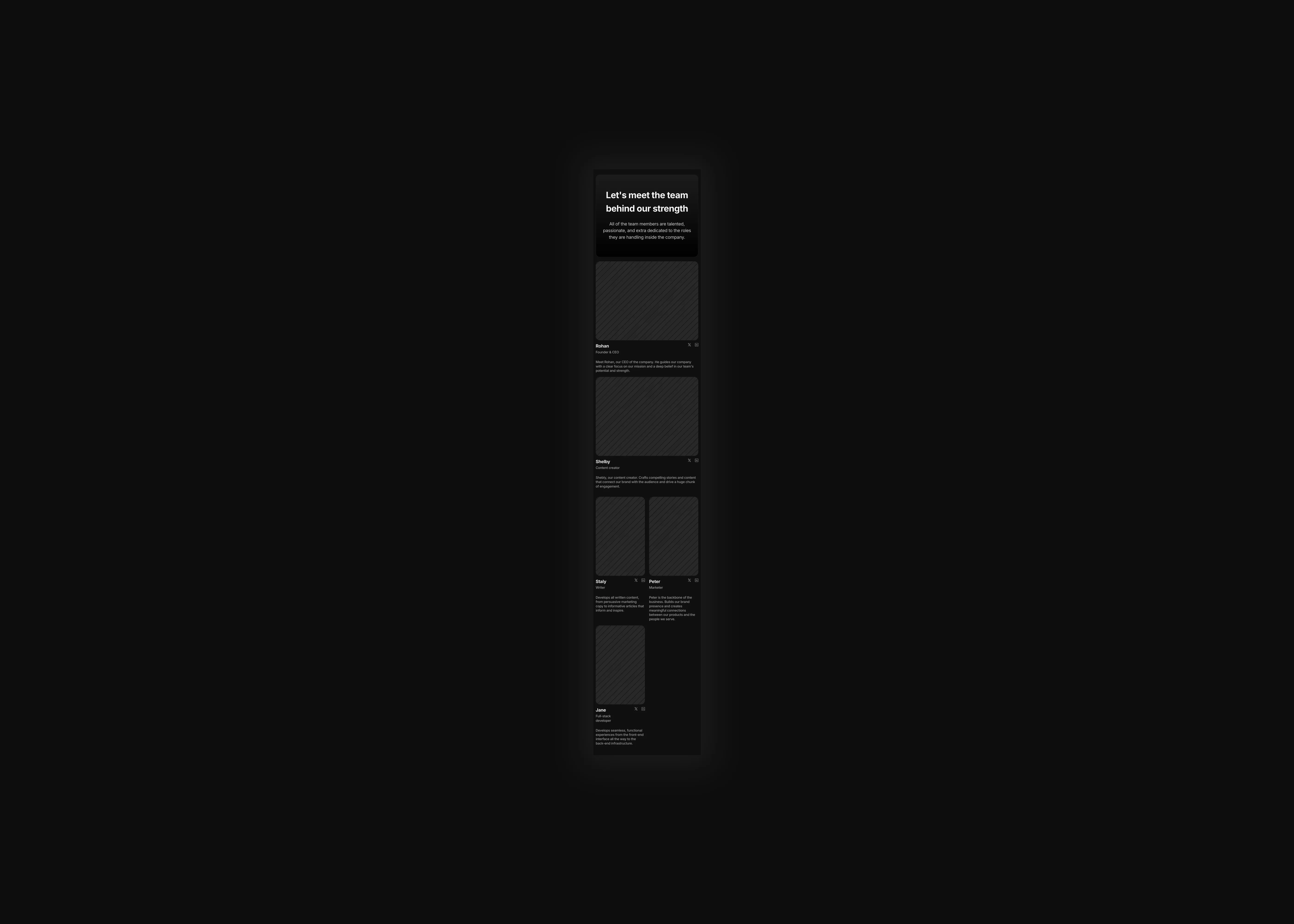 A clear and minimal dark themed team page section optimized for mobile devices.