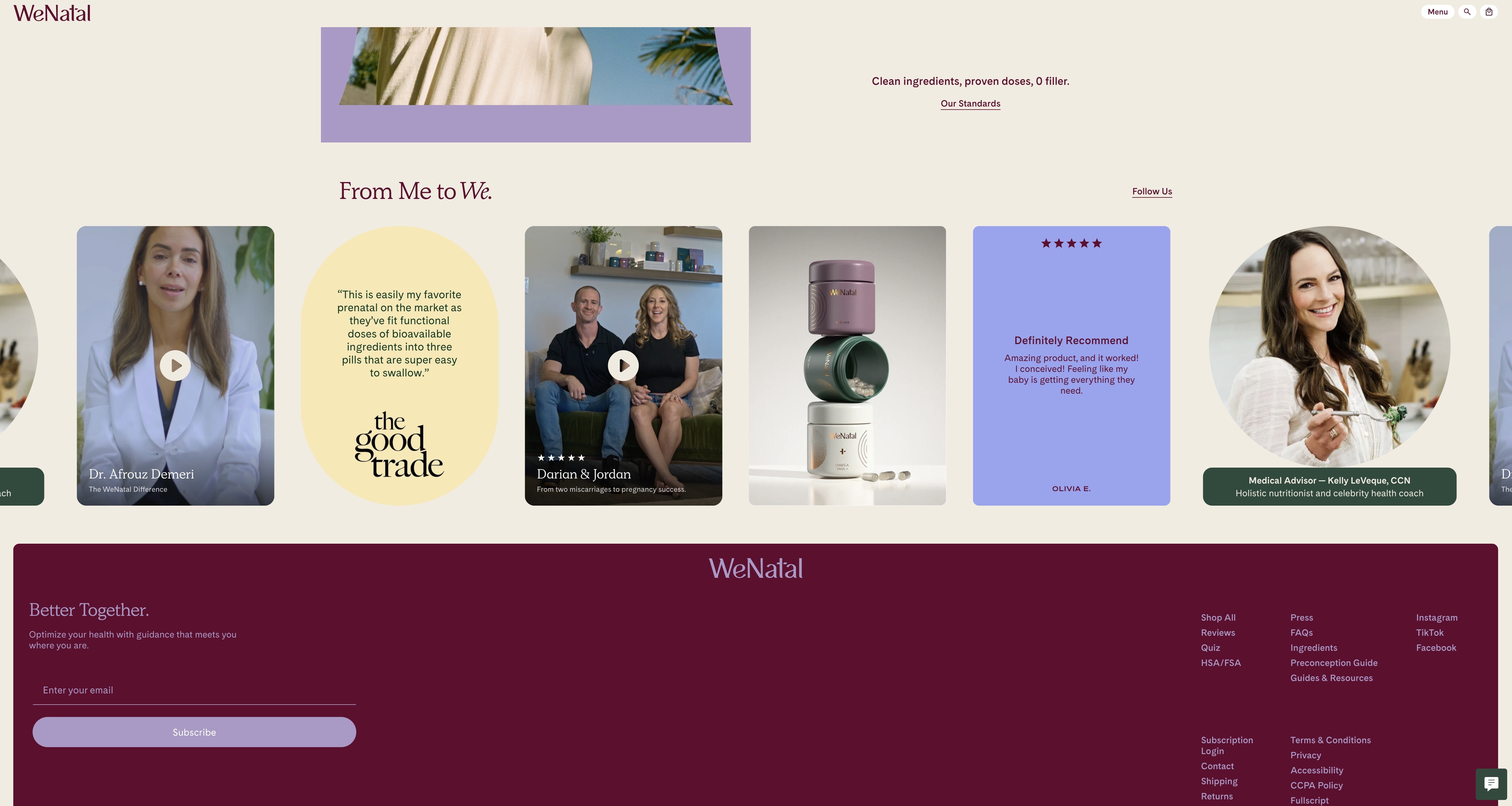 Parte de um website que exibe um carrossel de cards. Alguns cards são vídeos, outros são frases ou imagens. O rodapé tem cor vinho com textos e botões em lilás. Os cards na parte de cima são lilás e amarelo claro.