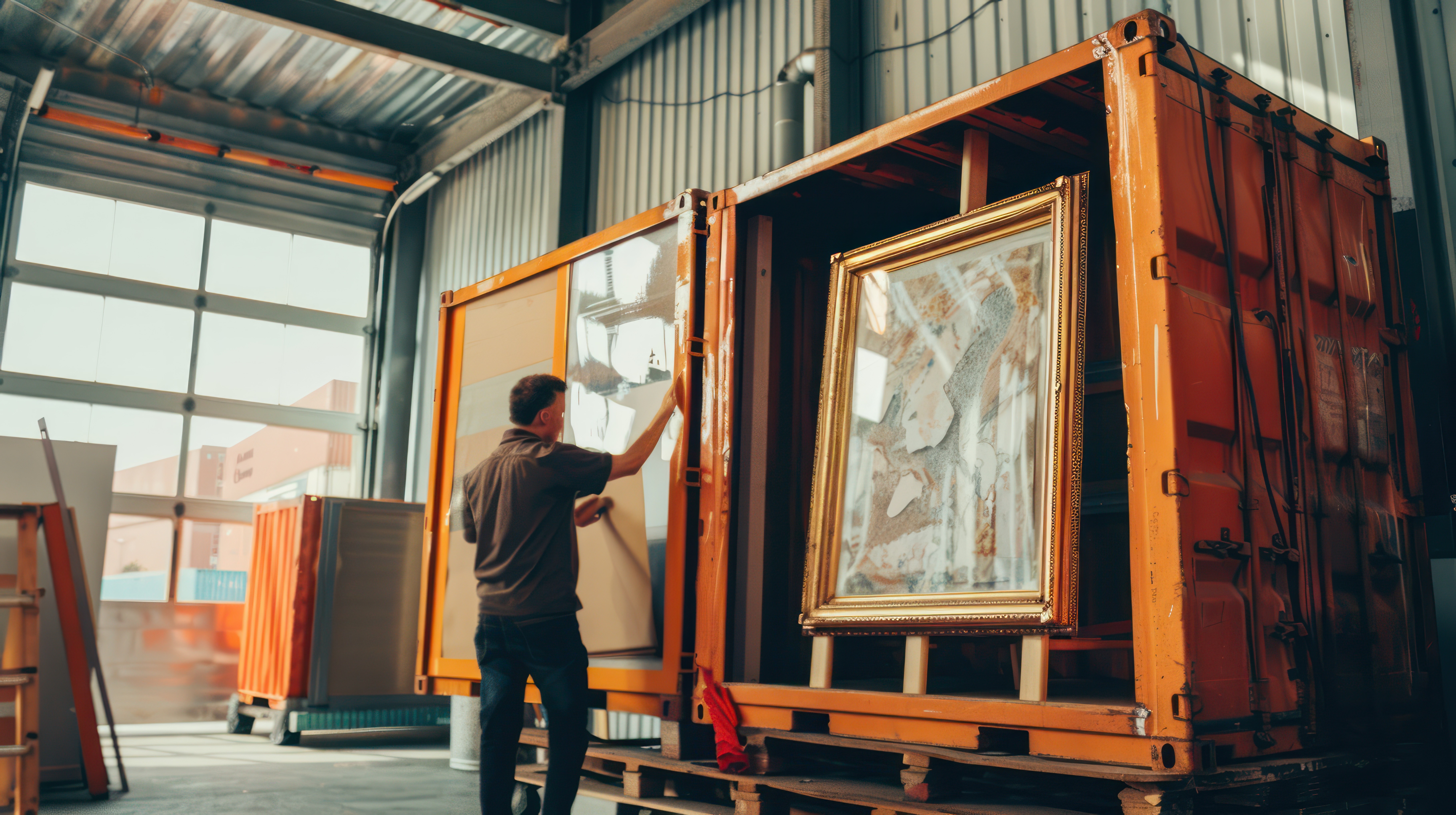  a man packing a piece of art into a shipping container
