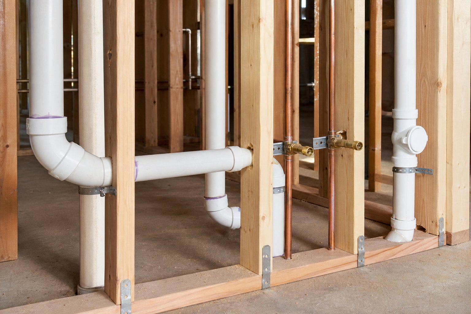 Plumbing rough-in showing PVC drain lines and water supply pipes through wall framing in new construction