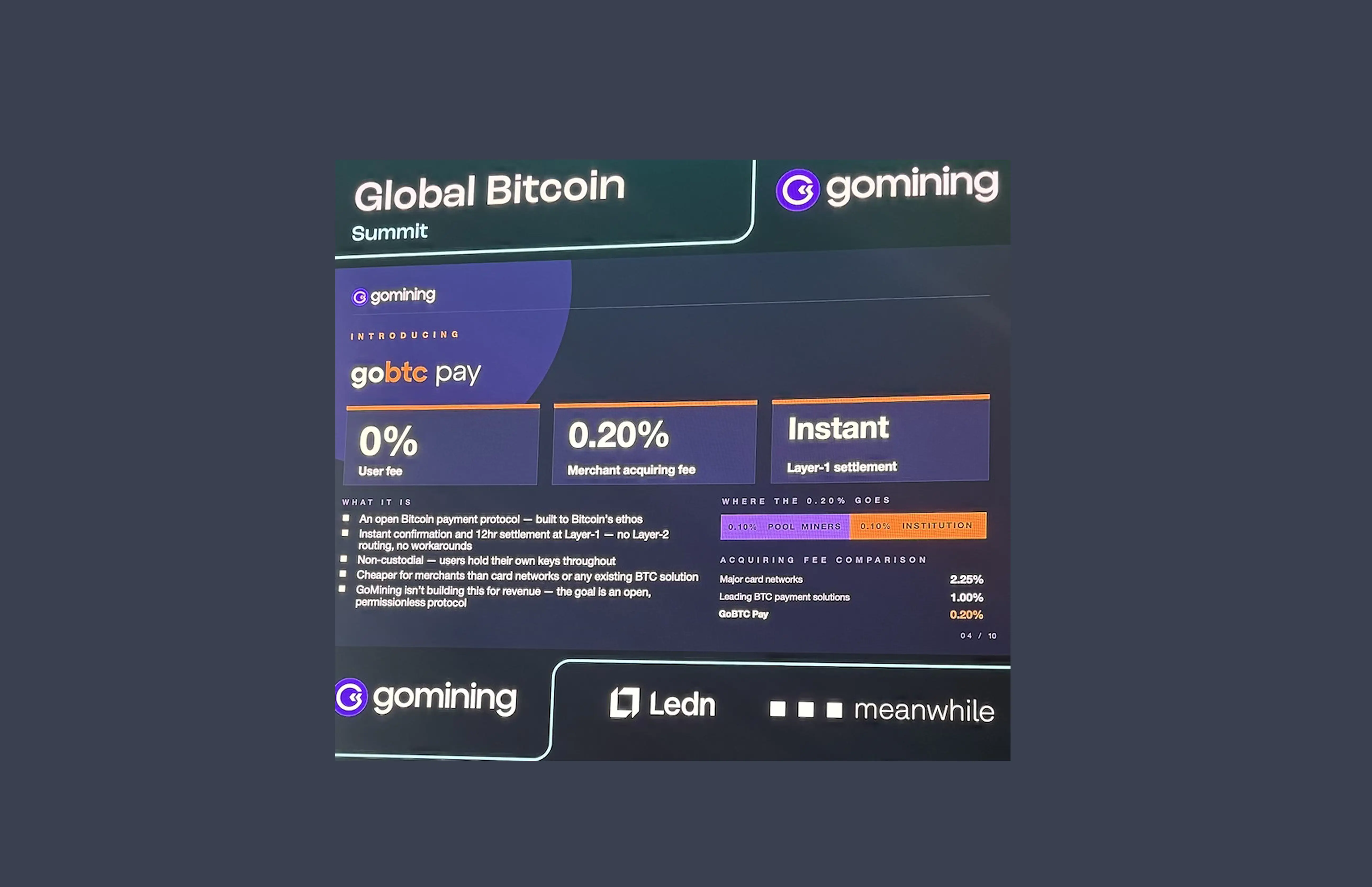 Gomining Slide on gobtcpay user fee and merchant acquiring fee from consensus 2026 talk 