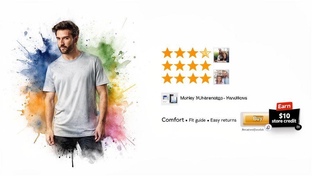 A man in a white t-shirt against a vibrant watercolor background, next to product ratings and a 'Buy' button.