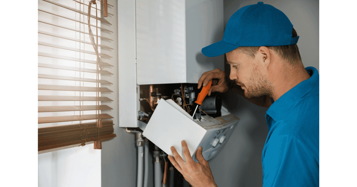 Serwisant w niebieskim uniformie uśmiecha się podczas kontroli systemu ogrzewania, obok zadowolony klient.