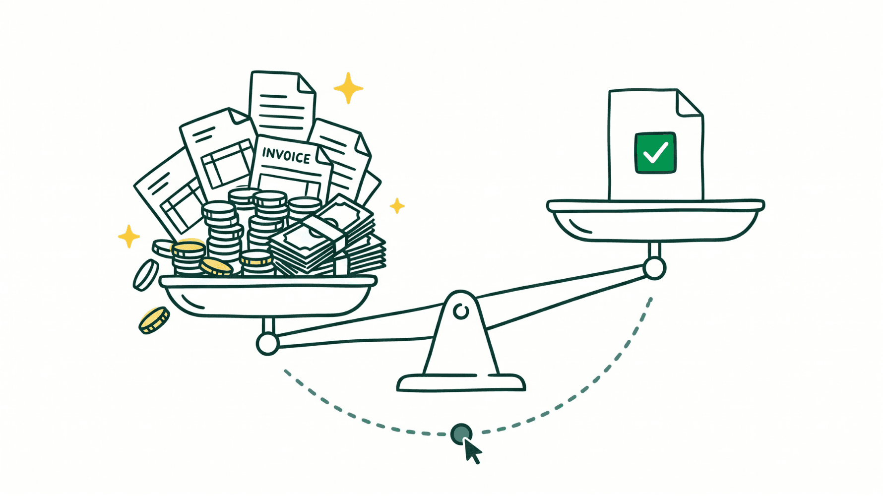 Scale with two pans: on the left, a pan overloaded with invoices, coins and banknotes, on the right a light pan with a single document validated by a green checkmark, symbolizing the imbalance between accounting costs and the outcome delivered