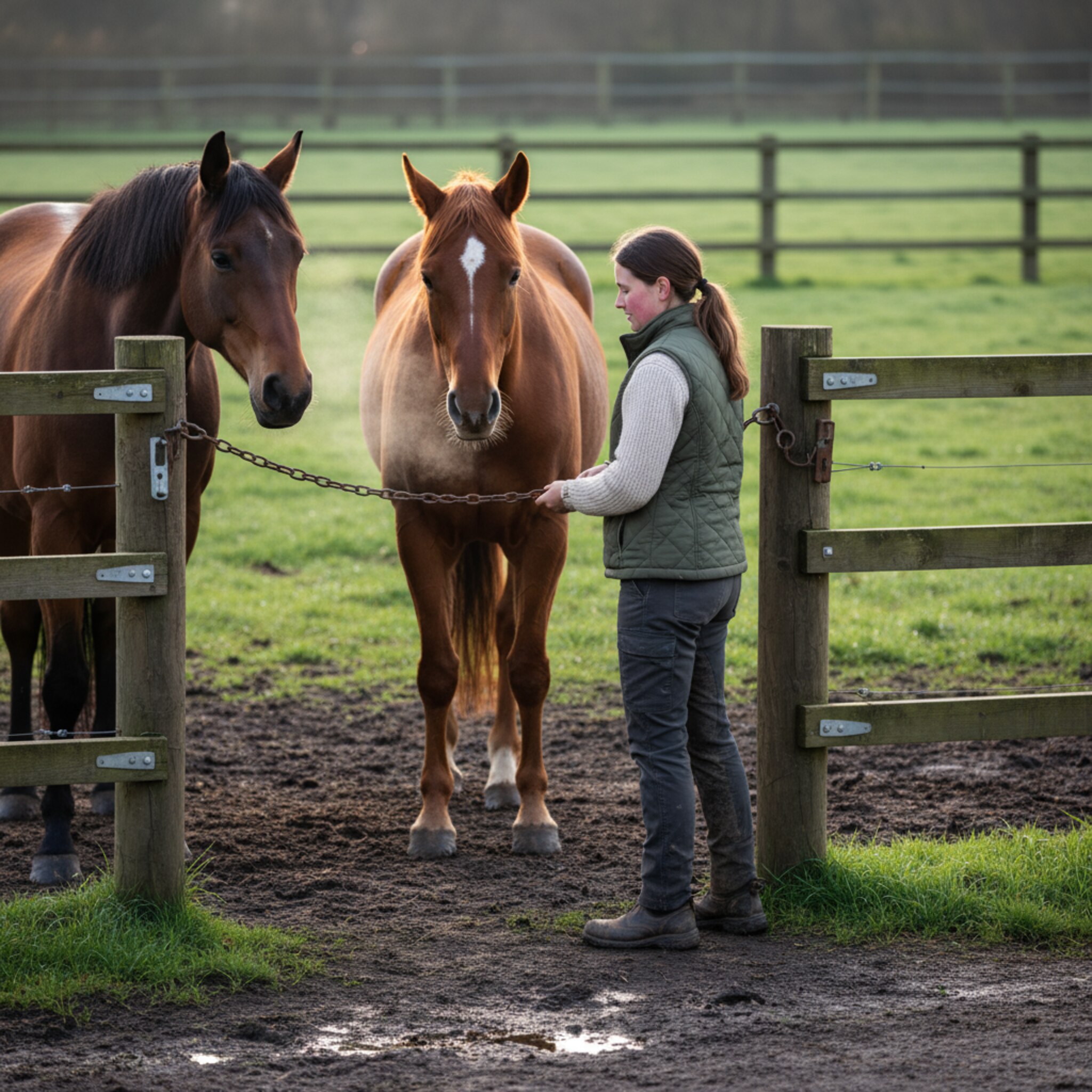 Am Paddocktor öffnet eine Stallhelferin die Kette, zwei Pferde drängen neugierig heran. Ihre Atemwolken stehen in der kühlen Luft, leises Schnauben mischt sich mit Kettengeräuschen. Matschige Stiefel hinterlassen Spuren am Rand. Dahinter liegt die abgefressene Fläche, daneben glänzt frisches, unberührtes Grün.