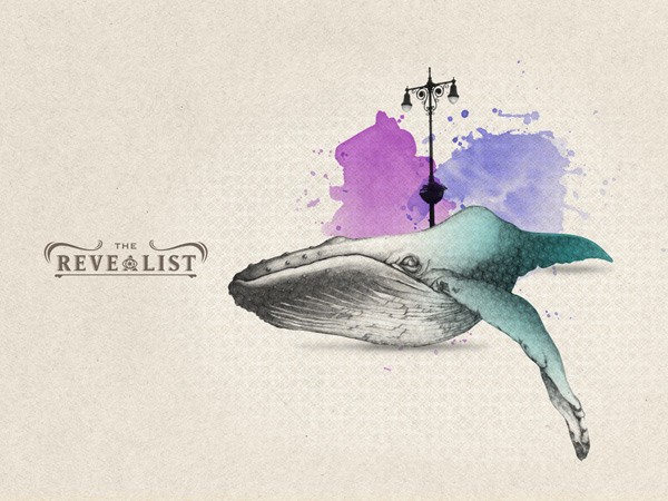 The image shows a large whale’s head and part of its body in profile, oriented towards the right side of the frame. The whale’s skin is depicted in shades of gray and white, with black outlines defining its features, including its eye and mouth. Behind the whale, a black streetlamp is visible against a background of purple and blue watercolor splashes. The text “THE REVE & LIST” is written in dark gray letters in the bottom left corner. The background is a light beige or cream color with a subtle textured appearance.
