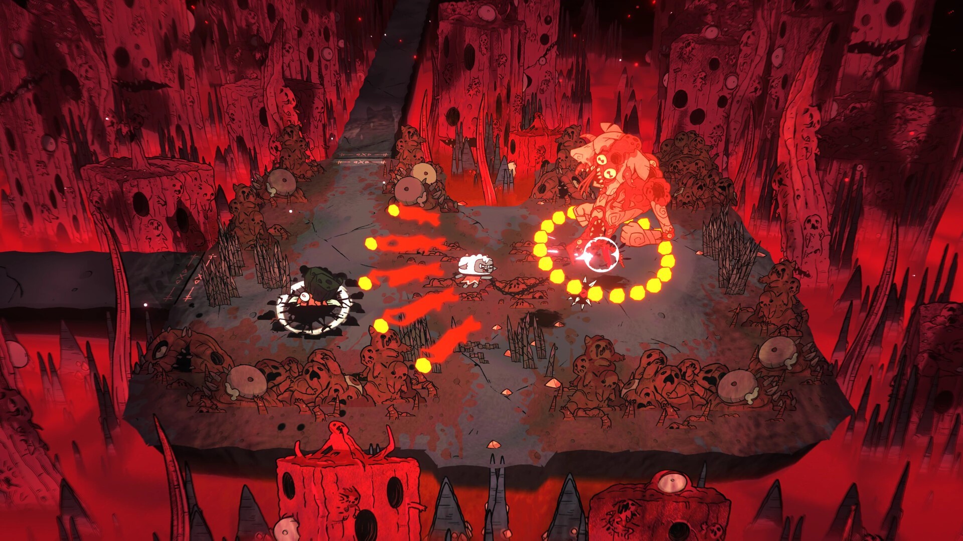 Screenshot Cult of the Lamb sur PC Steam, combat contre un boss démoniaque dans un donjon rouge, gameplay action roguelike avec projectiles et esquives