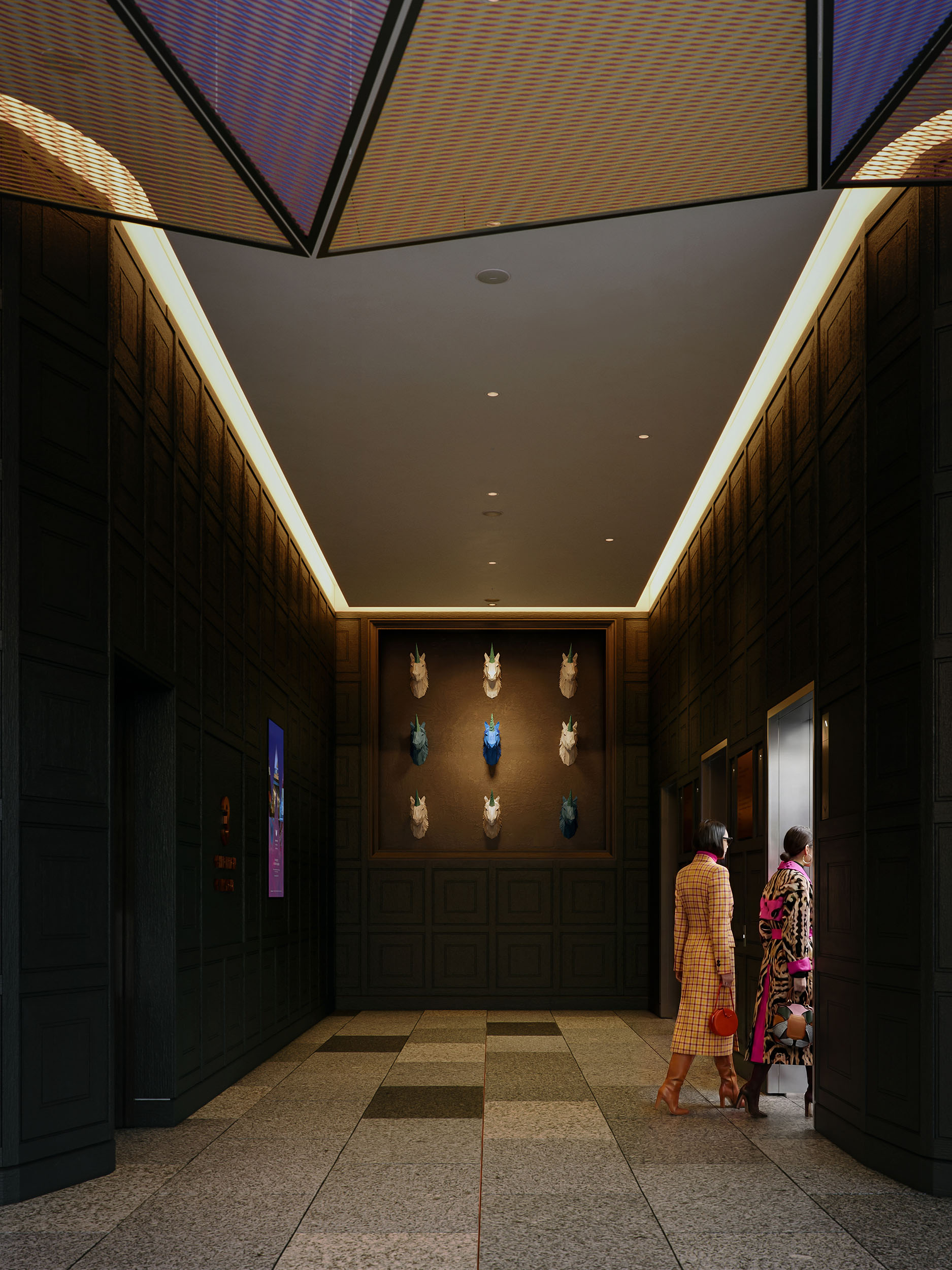 Architectural CGI render of hotel lobby.