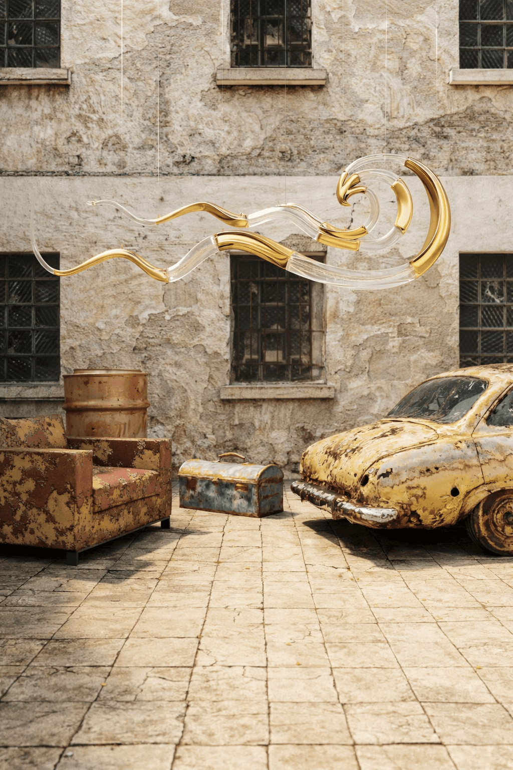 Artistic bronze and glass chandelier installation floating in a rustic industrial courtyard with vintage car and weathered architectural backdrop.