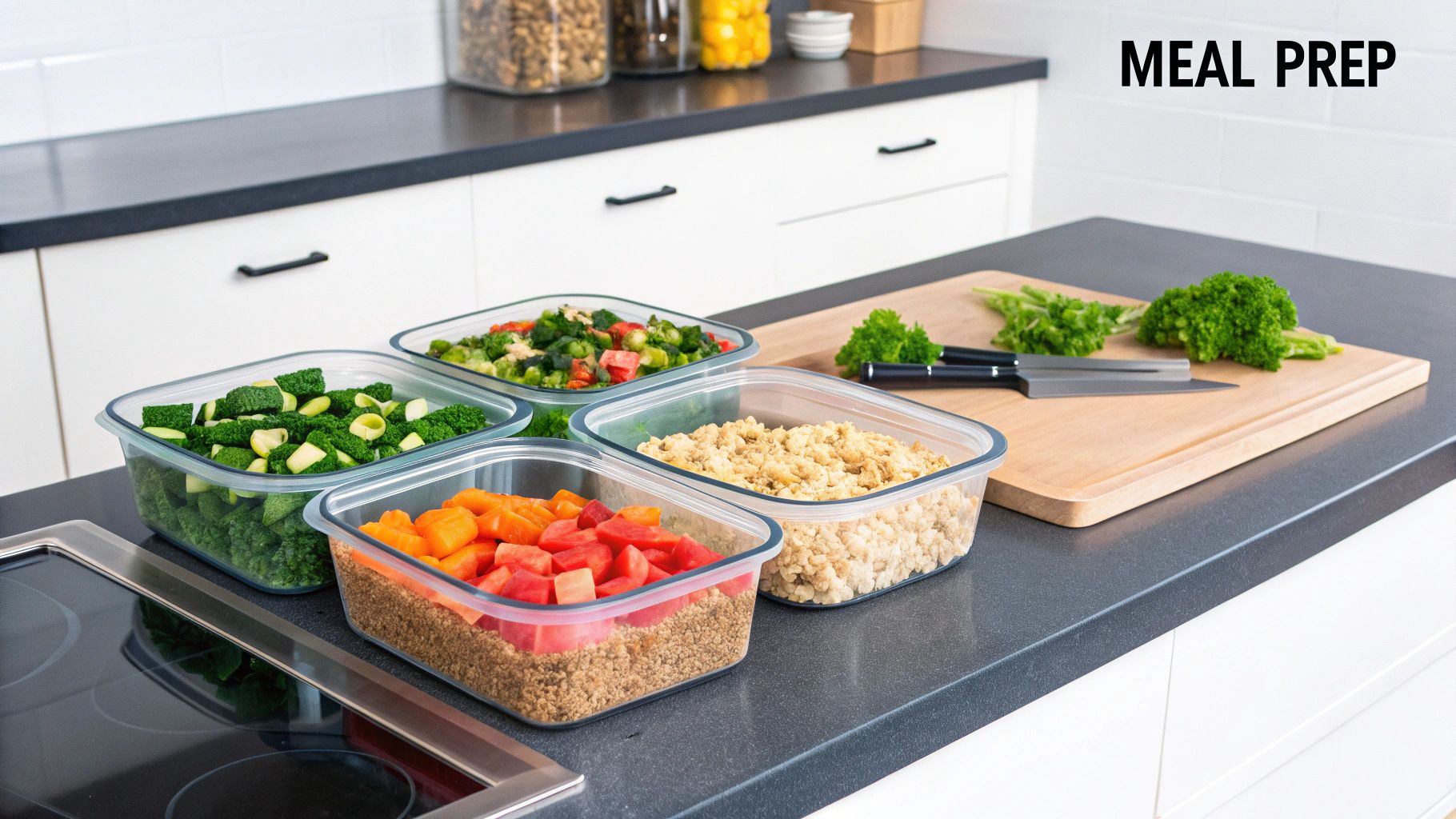 A person happily meal prepping by chopping colorful vegetables in a bright, clean kitchen.