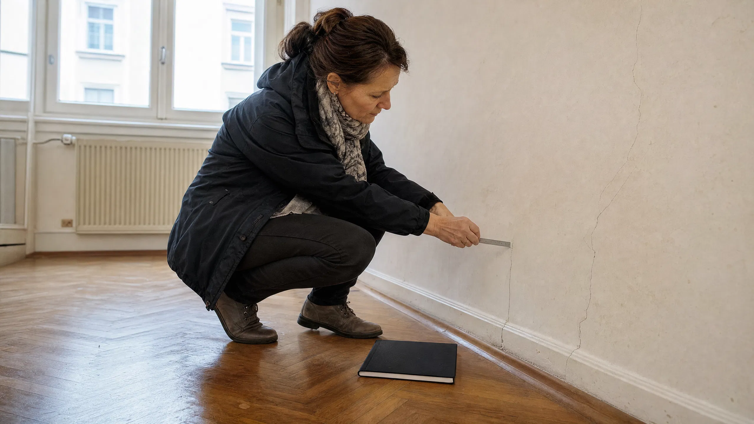 Eine Bausachverständige untersucht in einer leerstehenden österreichischen Altbauwohnung kniend einen Riss im Wandputz mit einem Messwerkzeug, ein geschlossenes Notizbuch liegt neben ihr auf dem Parkettboden.