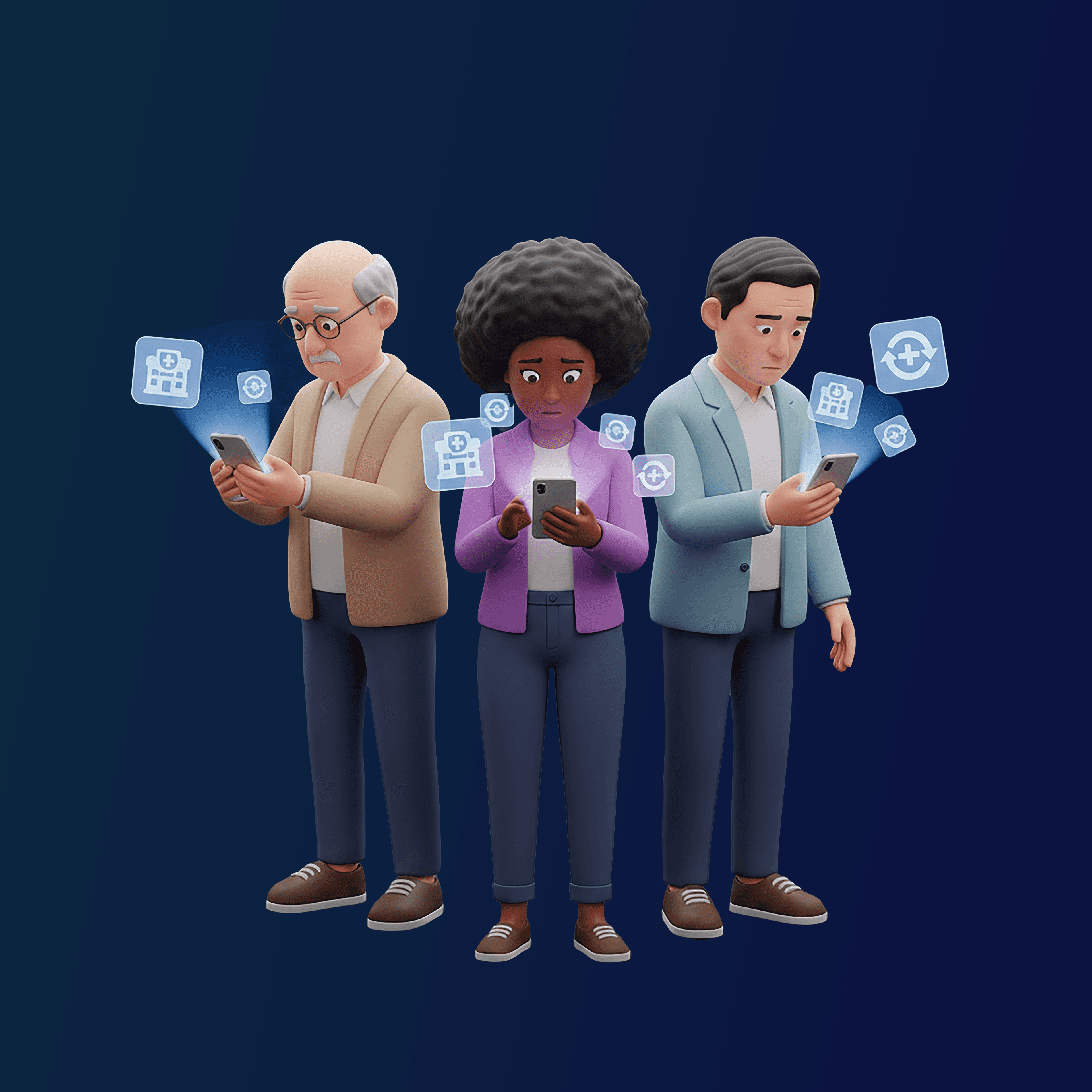 A stylised 3D illustration of three people of different ages and ethnicities looking confused while checking their smartphones. Floating pharmacy icons appear around each phone, suggesting repeated or unexpected pharmacy nomination changes.