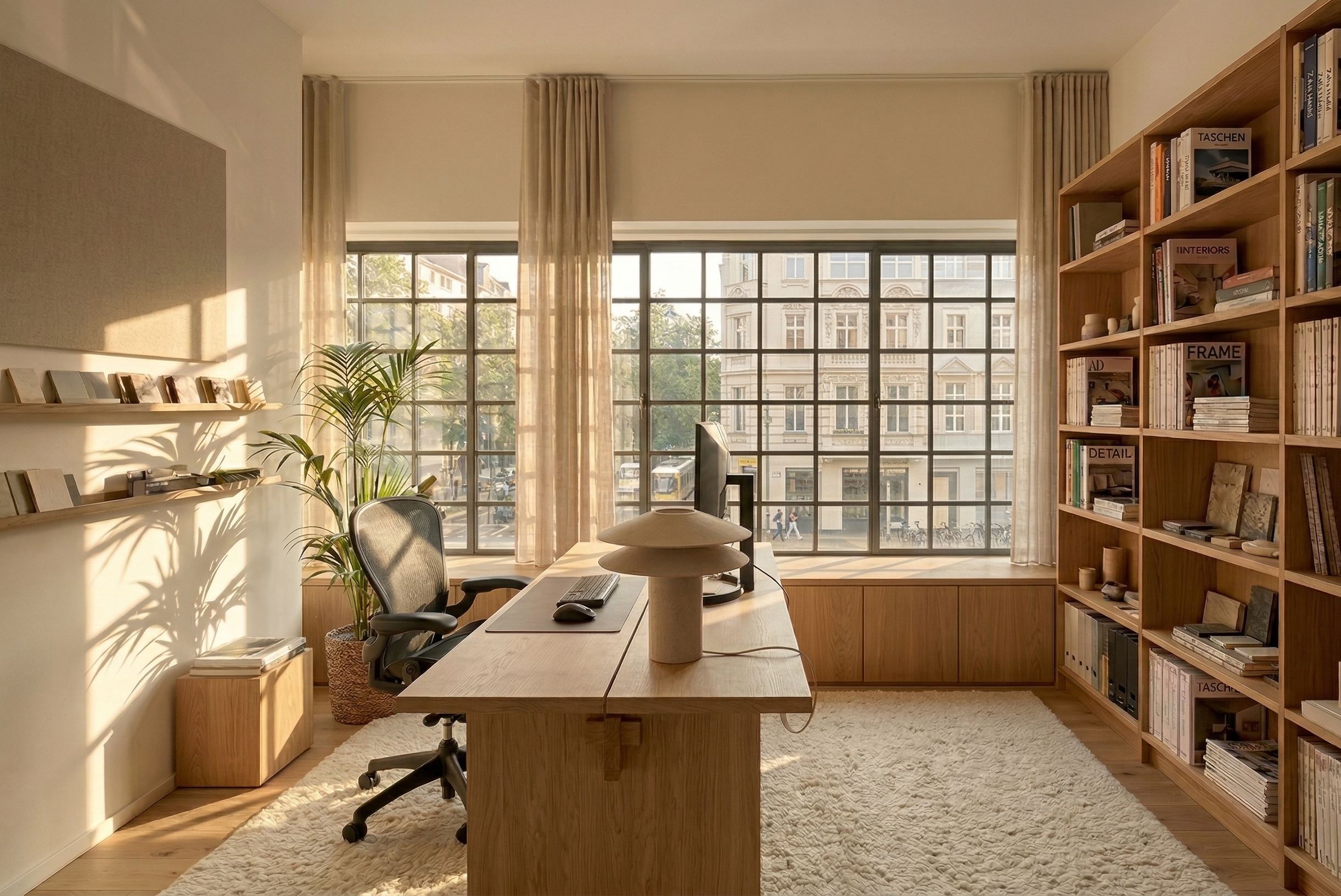 Moodboard of mediterranean materials with Leather, travertine stone, brass and massive oak.