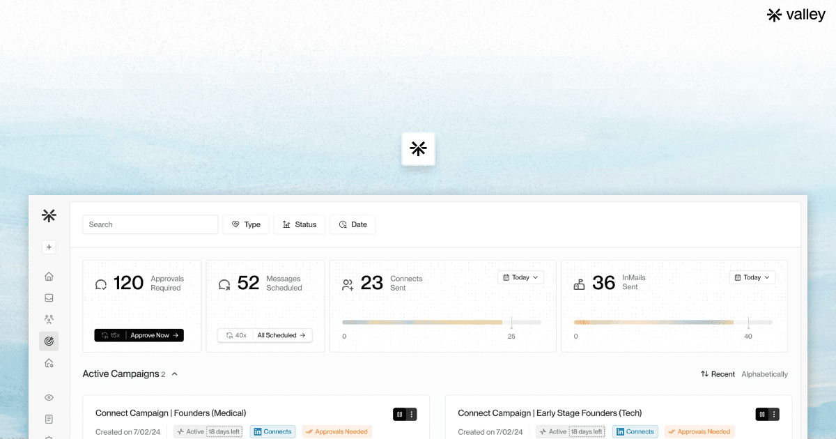Dashboard interface of Valley’s AI-powered LinkedIn automation tool displaying campaign analytics, scheduled messages, and approval metrics on a soft blue and white gradient background.