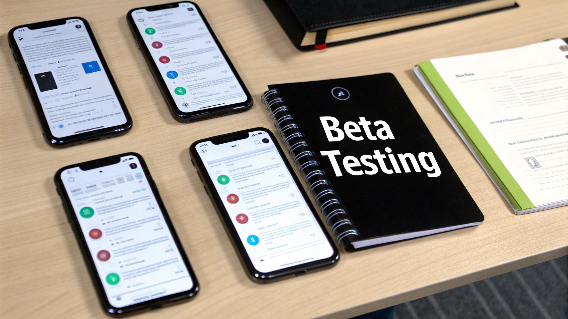 Multiple iPhones on a wooden desk, a black 'Beta Testing' notebook, and documents, highlighting app development.