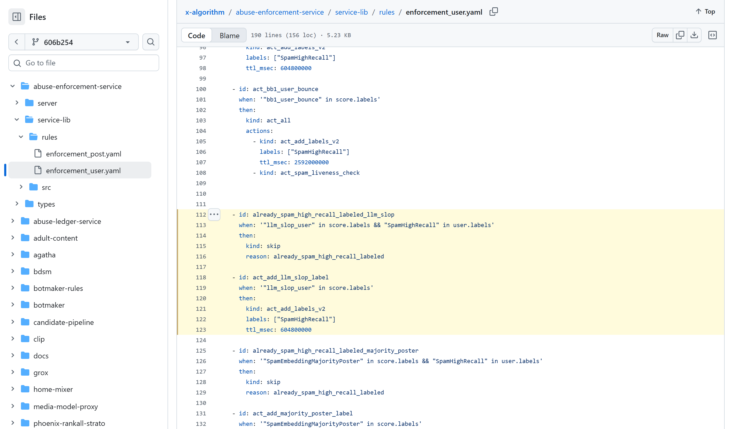 Twitter's enforcement rule act_add_llm_slop_label adding a SpamHighRecall label with ttl_msec 604800000, which is 7 days