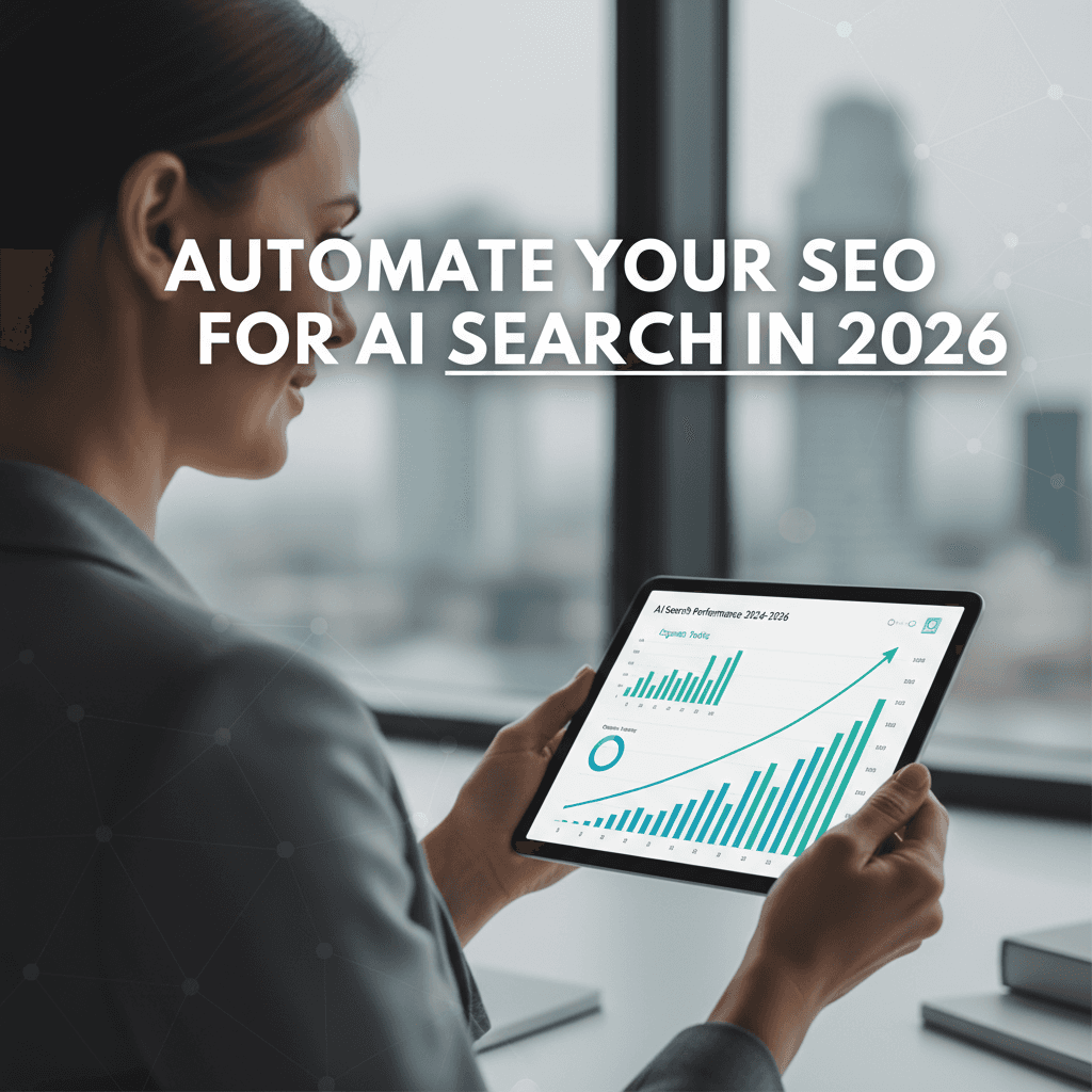 Business owner reviewing SEO automation platform results showing improved AI search visibility metrics on a tablet