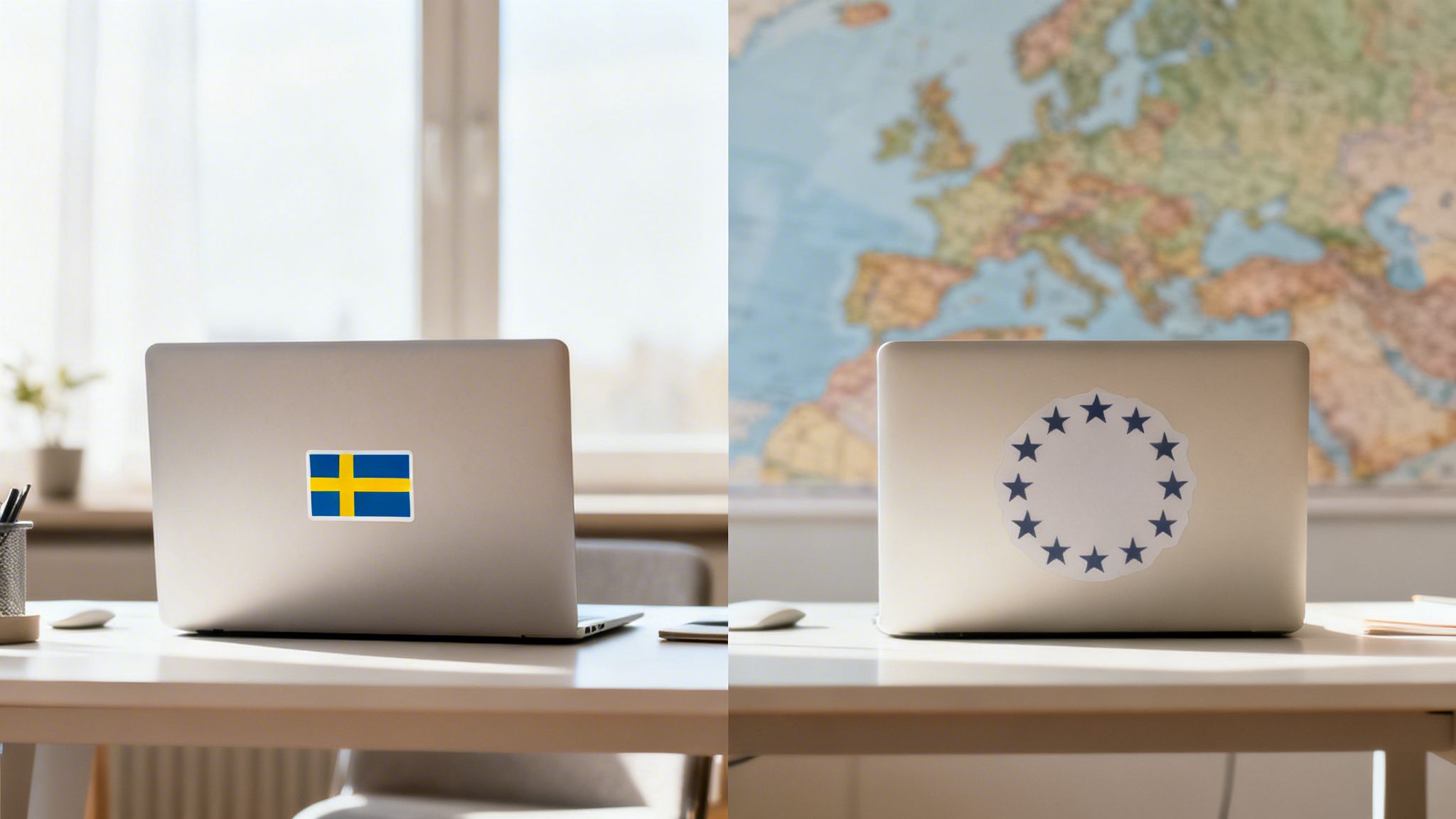 Två laptops på ett skrivbord; en med svensk flagga, en med stjärncirkel, med en världskarta i bakgrunden.