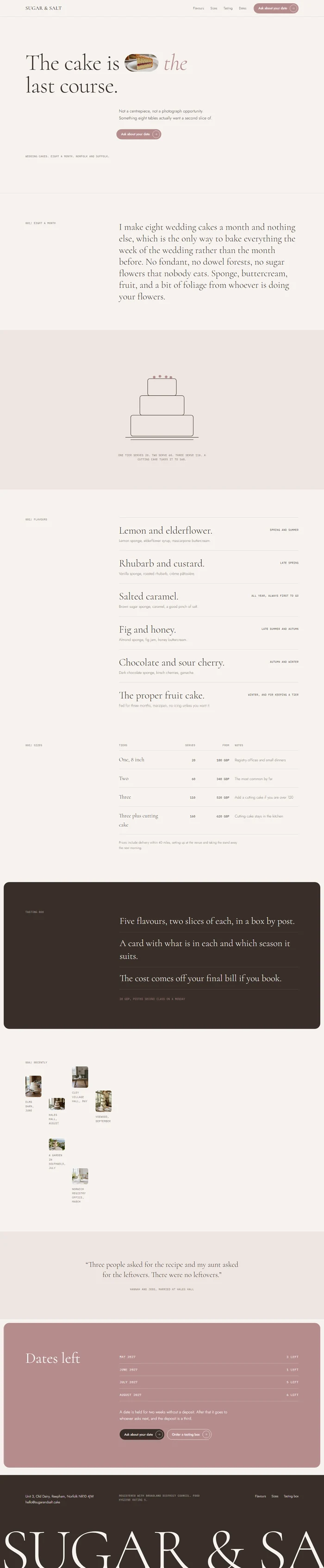 Full page of an AI-generated wedding cake website with an editorial hero, statement, line drawn three tier cake, flavours list, sizes and prices table, dark tasting box panel, recent cakes grid, quote, dusty rose dates left panel and dark footer