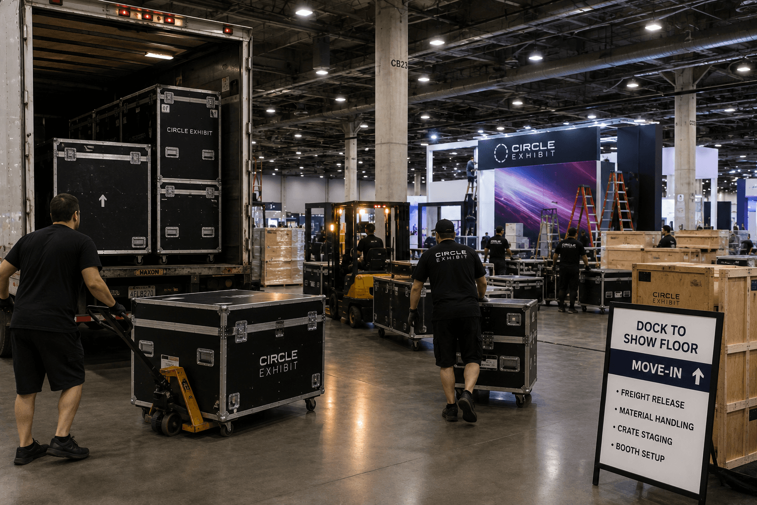 Trade show drayage setup in a Las Vegas convention hall with freight cases moving from dock to booth area, crate staging, material handling, and installation crew timing